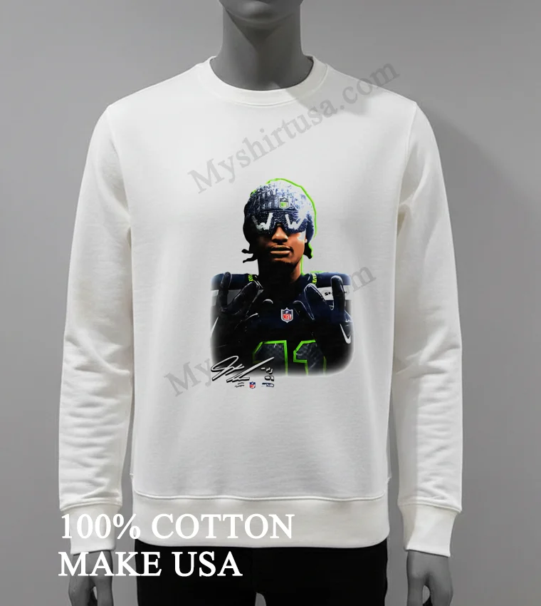 Jaxon Smith Njigba Seattle Seahawks Player Wearing Beanie And Bling Ww Sunglasses Portrait Graphic Shirt White T Shirt 3
