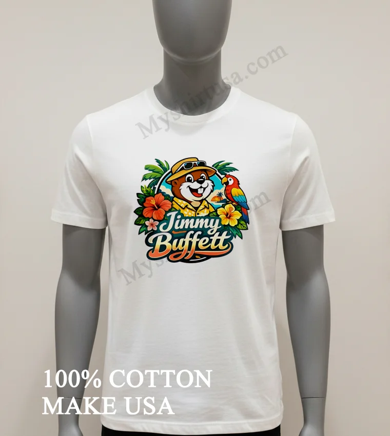 Jimmy Buffett Buc Ees Beaver Character Tropical Parrot Flowers Logo Shirt White T Shirt 1