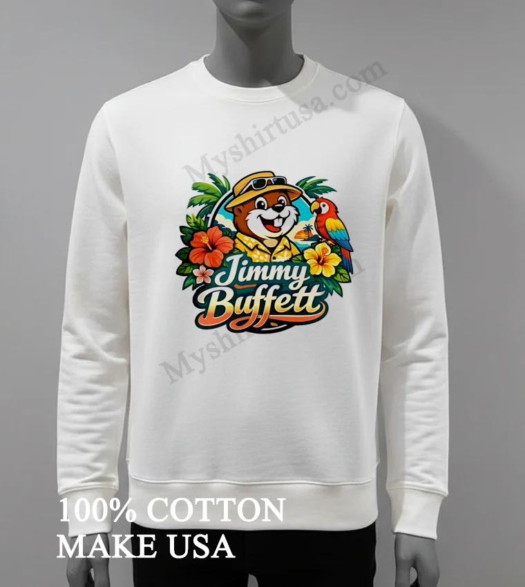 Jimmy Buffett Buc Ees Beaver Character Tropical Parrot Flowers Logo Shirt White T Shirt 4