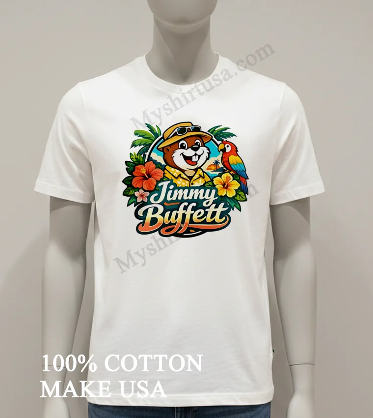 Jimmy Buffett Buc Ees Beaver Character Tropical Parrot Flowers Logo Shirt White T Shirt
