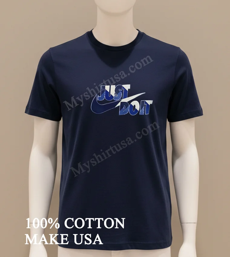 Just Do It Nike Swoosh Horizontal Distorted Text Shirt Navy Shirt