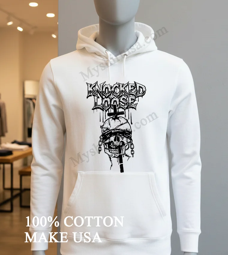 Knocked Loose Blindfolded Skull Barbed Wire Cross Chain Graphic funny america t-shirts - hoodie-shirt Knocked Loose Blindfolded Skull Barbed Wire Cross Chain Graphic Shirt Hoodie Shirt