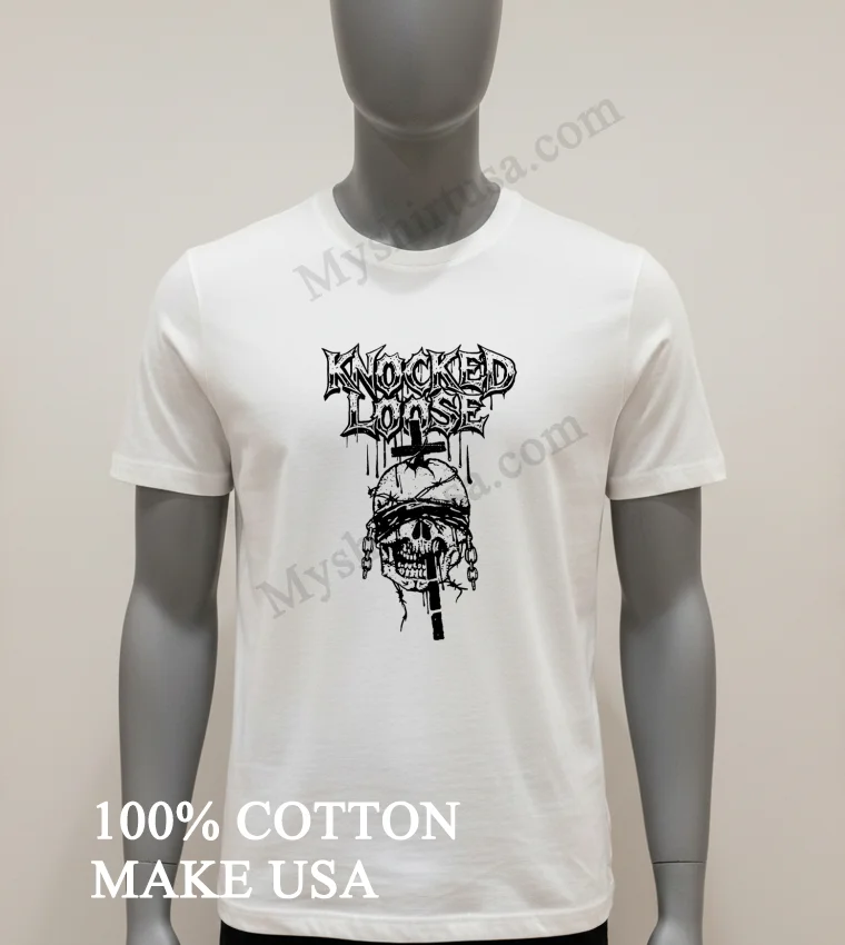 Knocked Loose Blindfolded Skull Barbed Wire Cross Chain Graphic Shirt White T Shirt 1