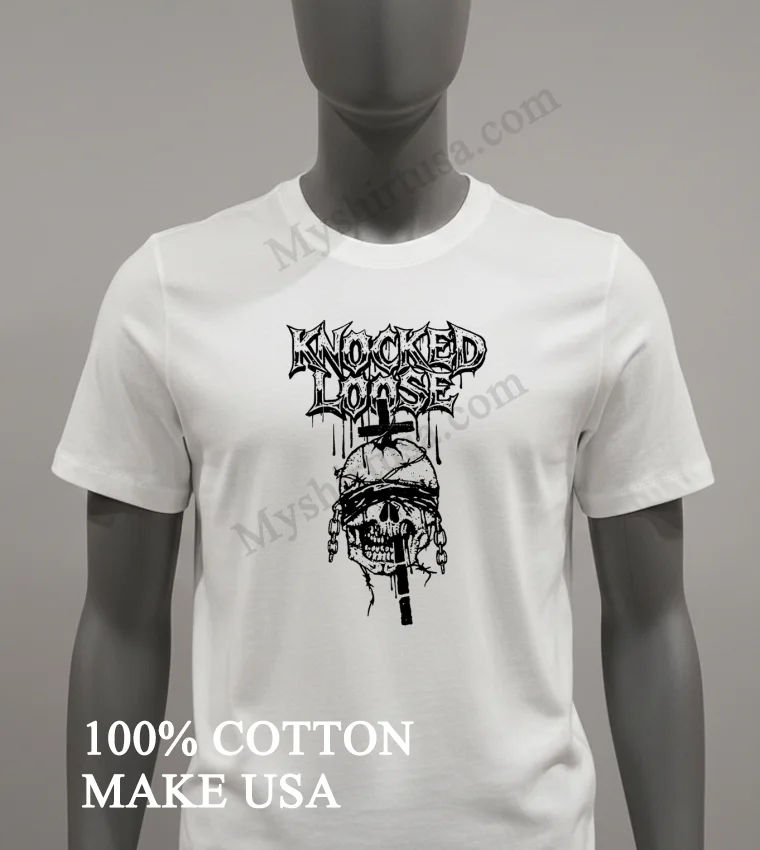 Knocked Loose Blindfolded Skull Barbed Wire Cross Chain Graphic funny america t-shirts - white-t-shirt Knocked Loose Blindfolded Skull Barbed Wire Cross Chain Graphic Shirt White T Shirt 2