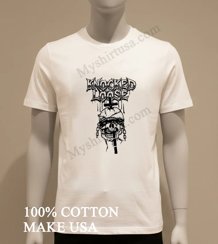 Knocked Loose Blindfolded Skull Barbed Wire Cross Chain Graphic Shirt White T Shirt