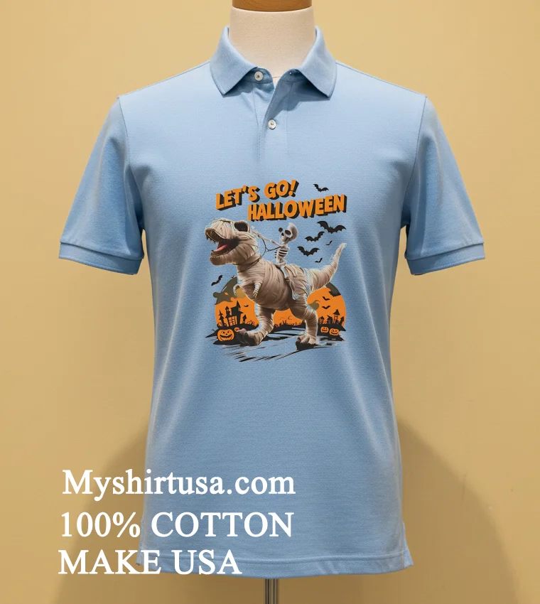 Let S Go Halloween Mummy T Rex Skeleton Bats Pumpkins Shirt - blue-shirt Lets Go Halloween Mummy T Rex Skeleton Bats Pumpkins Shirt Blue Shirt