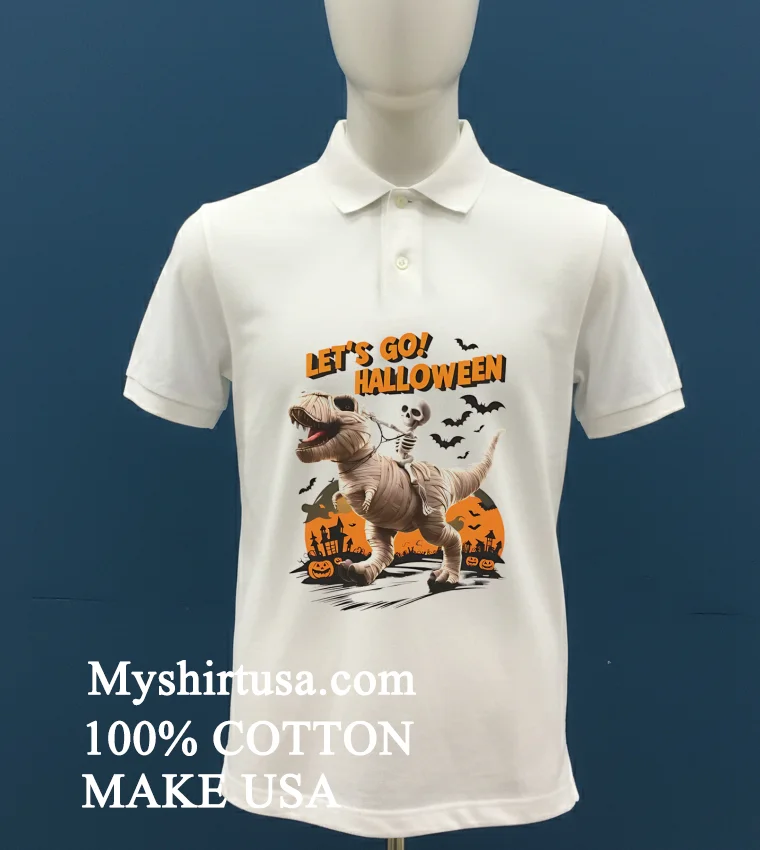 Lets Go Halloween Mummy T Rex Skeleton Bats Pumpkins Shirt White T Shirt