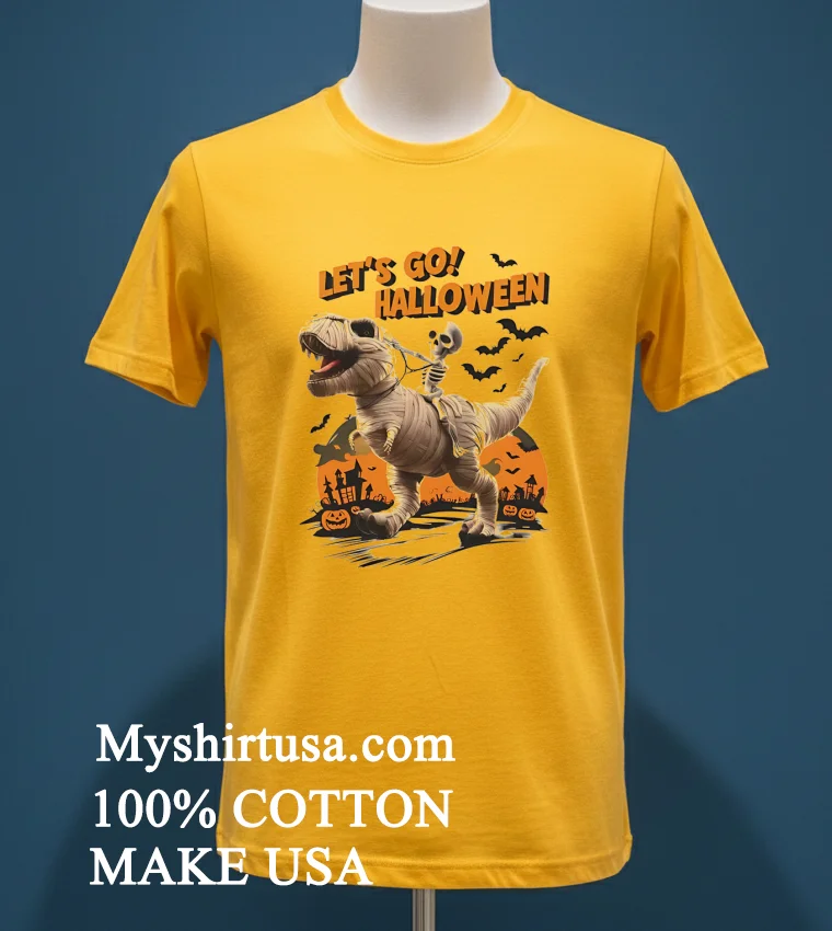 Lets Go Halloween Mummy T Rex Skeleton Bats Pumpkins Shirt Yellow T Shirt