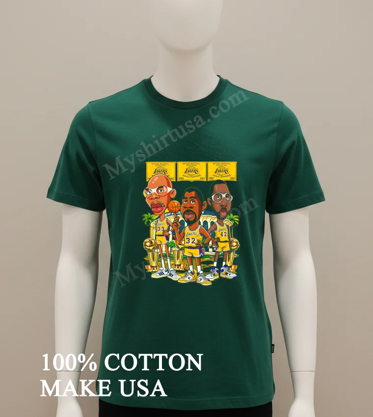 Los Angeles Lakers 1985 1987 1988 World Champions Kareem Abdul Jabbar Magic Johnson James Worthy funny america t-shirts - green-shirt Los Angeles Lakers 1985 1987 1988 World Champions Kareem Abdul Jabbar Magic Johnson James Worthy Shirt Green Shirt