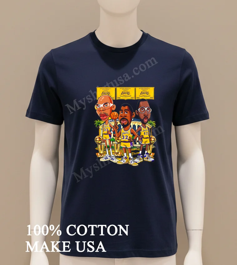 Los Angeles Lakers 1985 1987 1988 World Champions Kareem Abdul Jabbar Magic Johnson James Worthy funny america t-shirts - navy-shirt Los Angeles Lakers 1985 1987 1988 World Champions Kareem Abdul Jabbar Magic Johnson James Worthy Shirt Navy Shirt