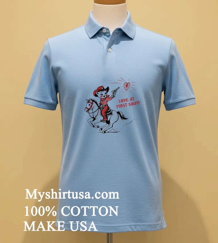 Love At First Shot Cowboy Cat Shirt Blue Shirt