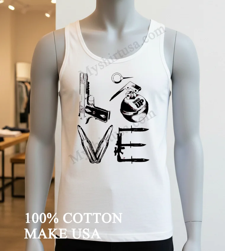 Love Weapons Pistol Grenade Bullets Bayonet Military Style funny america t-shirts - white-t-shirt Love Weapons Pistol Grenade Bullets Bayonet Military Style Shirt White T Shirt 3