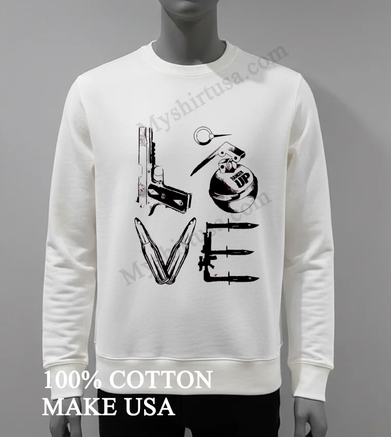 Love Weapons Pistol Grenade Bullets Bayonet Military Style Shirt White T Shirt 4