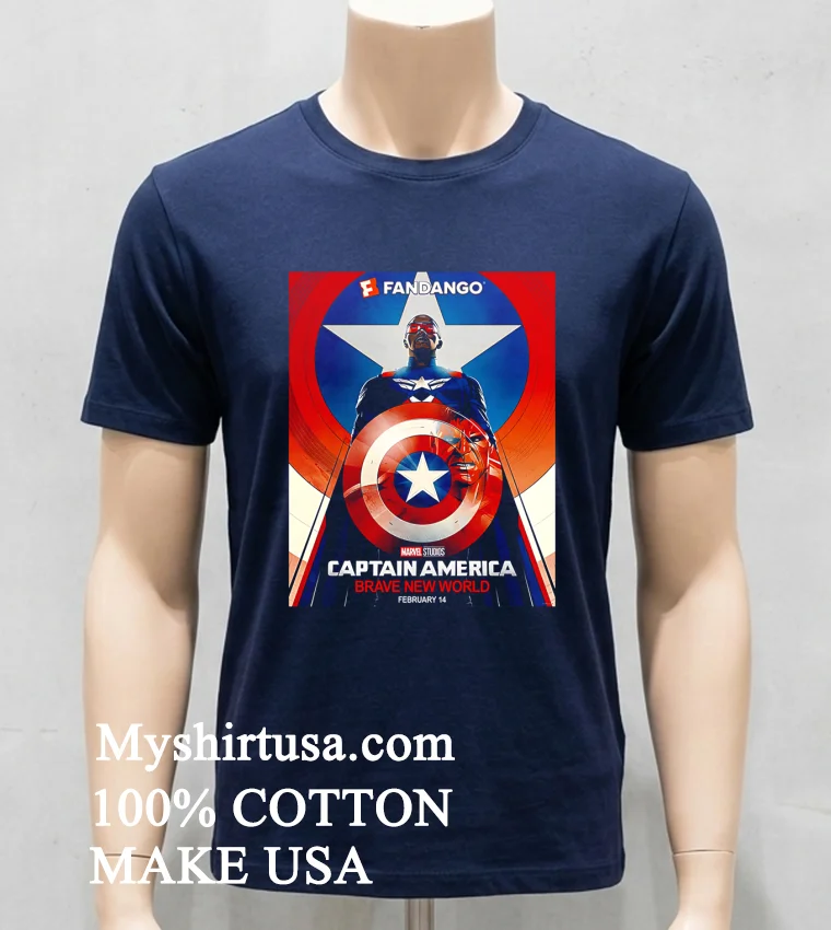 Marvel Captain America Brave New World Fandango Version Poster In Theaters On February 14 2025 Shirt - navy-shirt Marvel Captain America Brave New World Fandango Version Poster In Theaters On February 14 2025 Shirt Navy Shirt