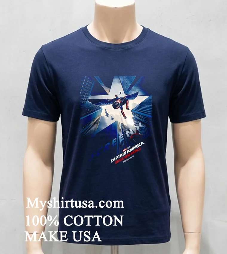 Marvel Captain America Brave New World Screenx Version Poster In Theaters On February 14 2025 Shirt - navy-shirt Marvel Captain America Brave New World Screenx Version Poster In Theaters On February 14 2025 Shirt Navy Shirt