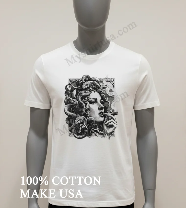 Medusa Gorgon Snake Hair Woman Smoking A Cigar Shirt White T Shirt 1
