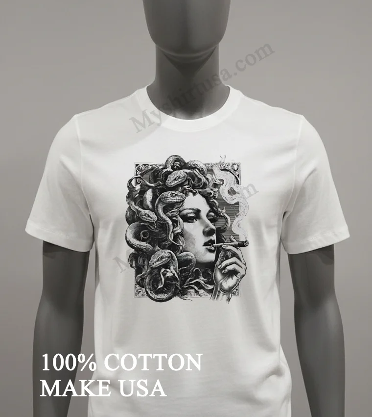 Medusa Gorgon Snake Hair Woman Smoking A Cigar funny america t-shirts - white-t-shirt Medusa Gorgon Snake Hair Woman Smoking A Cigar Shirt White T Shirt 2