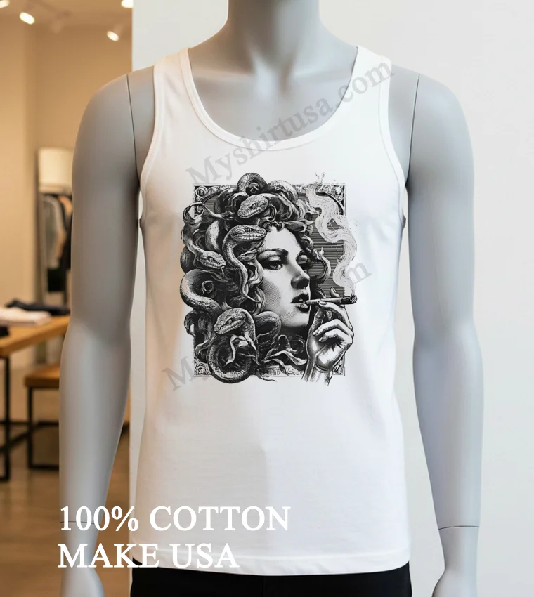 Medusa Gorgon Snake Hair Woman Smoking A Cigar funny america t-shirts - white-t-shirt Medusa Gorgon Snake Hair Woman Smoking A Cigar Shirt White T Shirt 3