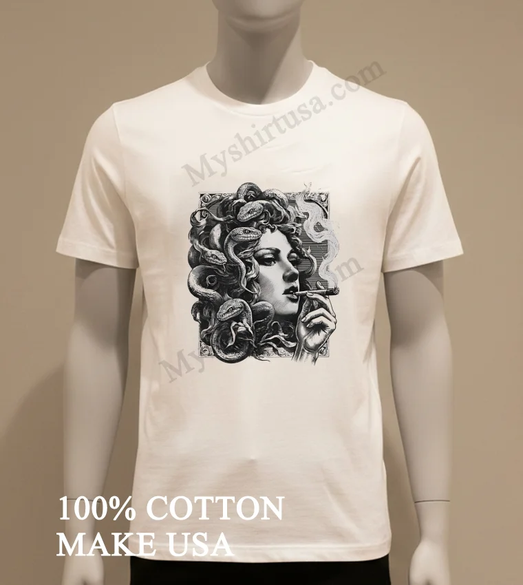 Medusa Gorgon Snake Hair Woman Smoking A Cigar Shirt White T Shirt