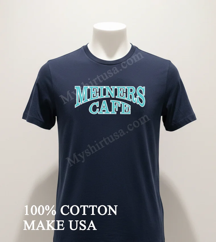 Meiners Cafe Vintage Curved Teal Lettering Classic Design Shirt Navy Shirt
