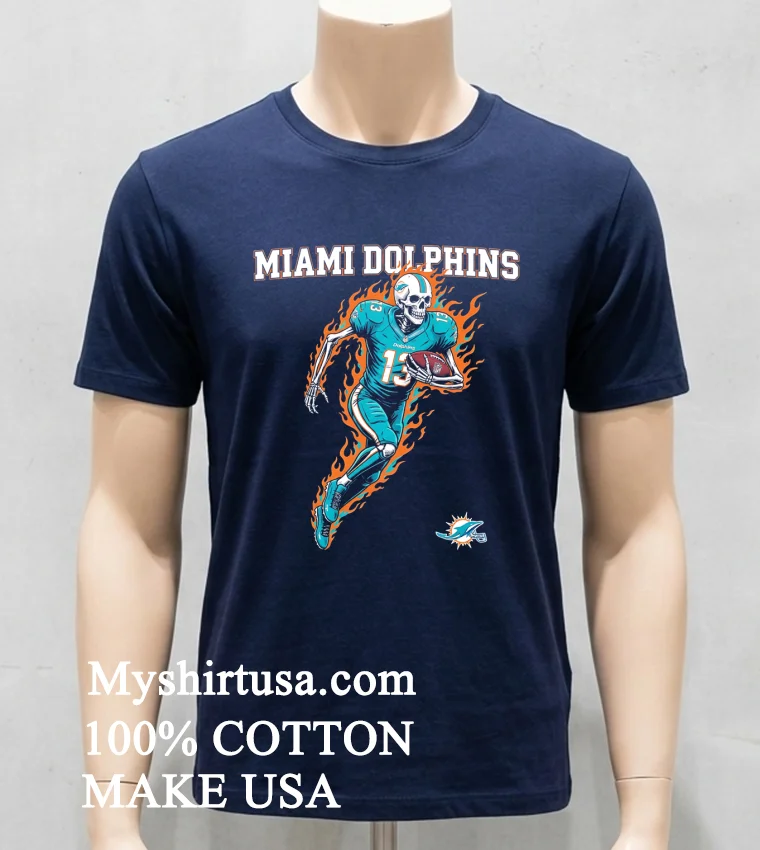 Miami Dolphins Mens Football Skeleton Player Burning Shirt Navy Shirt