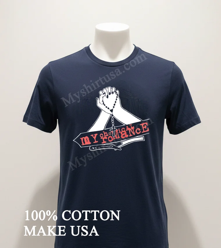 My Chemical Romance Praying Hands Rosary And Razor Blade Shirt Navy Shirt