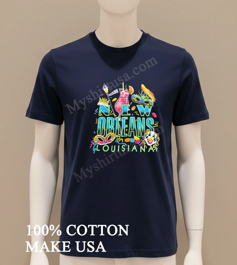 New Orleans Louisiana Bourbon St Masks And Drink Shirt Navy Shirt