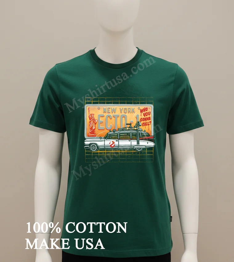 New York Ecto 1 Who You Gonna Call Ghostbusters Cadillac License Plate Shirt Green Shirt