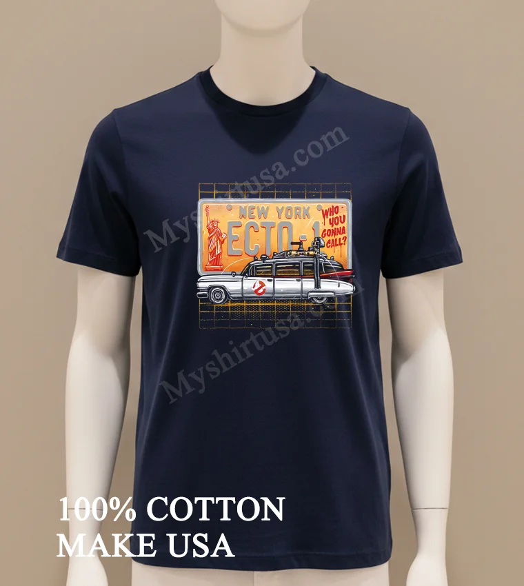 New York Ecto 1 Who You Gonna Call Ghostbusters Cadillac License Plate Shirt Navy Shirt