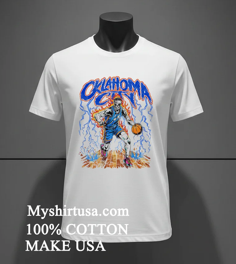 Oklahoma City Thunder Basketball Skeleton Player Lightning Shirt White T Shirt 3