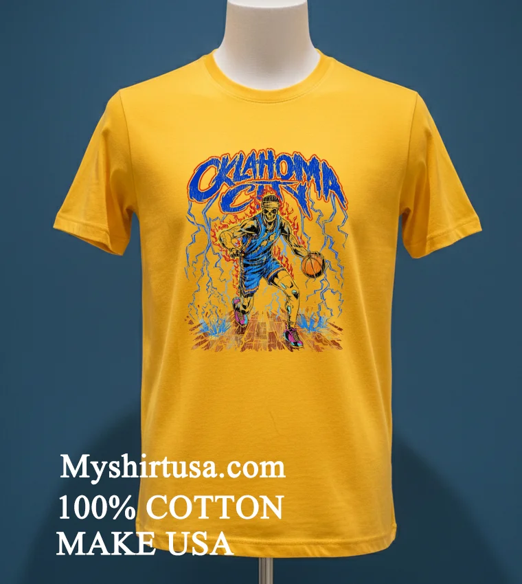 Oklahoma City Thunder Basketball Skeleton Player Lightning Shirt - yellow-t-shirt Oklahoma City Thunder Basketball Skeleton Player Lightning Shirt Yellow T Shirt