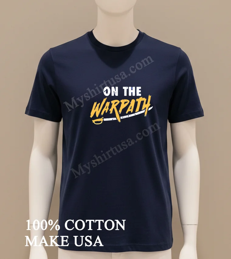 On The Warpath Yellow Script Text With Saber Shirt Navy Shirt