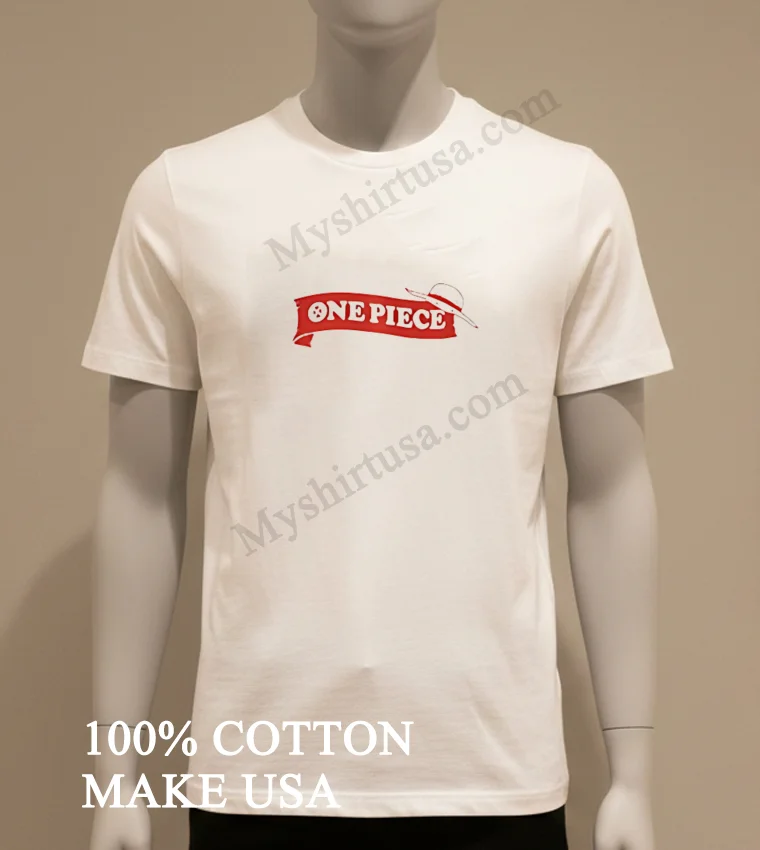 One Piece Anime Logo Red Banner Straw Hat Graphic Shirt White T Shirt