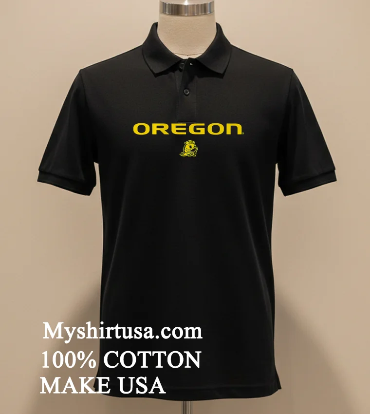 Oregon Yellow Text With Duck Mascot Shirt Balck Shirt 1