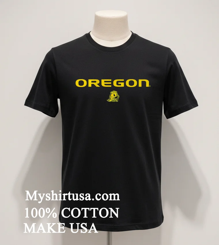 Oregon Yellow Text With Duck Mascot funny america t-shirts - balck-shirt Oregon Yellow Text With Duck Mascot Shirt Balck Shirt