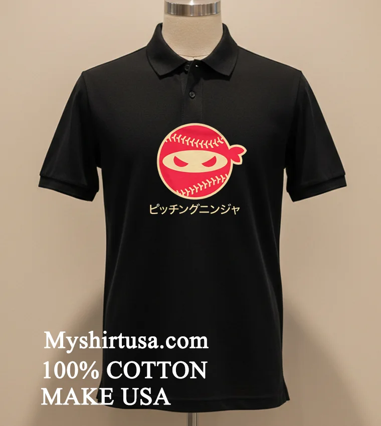Red Pitching Ninja Logo With Japanese Katana Text Shirt Balck Shirt 1