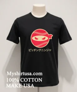Red Pitching Ninja Logo With Japanese Katana Text funny america t-shirts