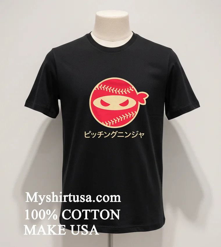 Red Pitching Ninja Logo With Japanese Katana Text Shirt Balck Shirt