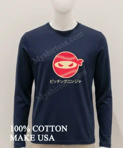 Red Pitching Ninja Logo With Japanese Katana Text funny america t-shirts