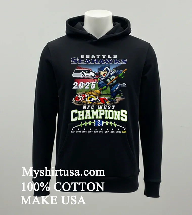 Seattle Seahawks 2025 Nfc West Champions Mascot Sweep The Floor Shirt - balck-shirt Seattle Seahawks 2025 Nfc West Champions Mascot Sweep The Floor Shirt Balck Shirt