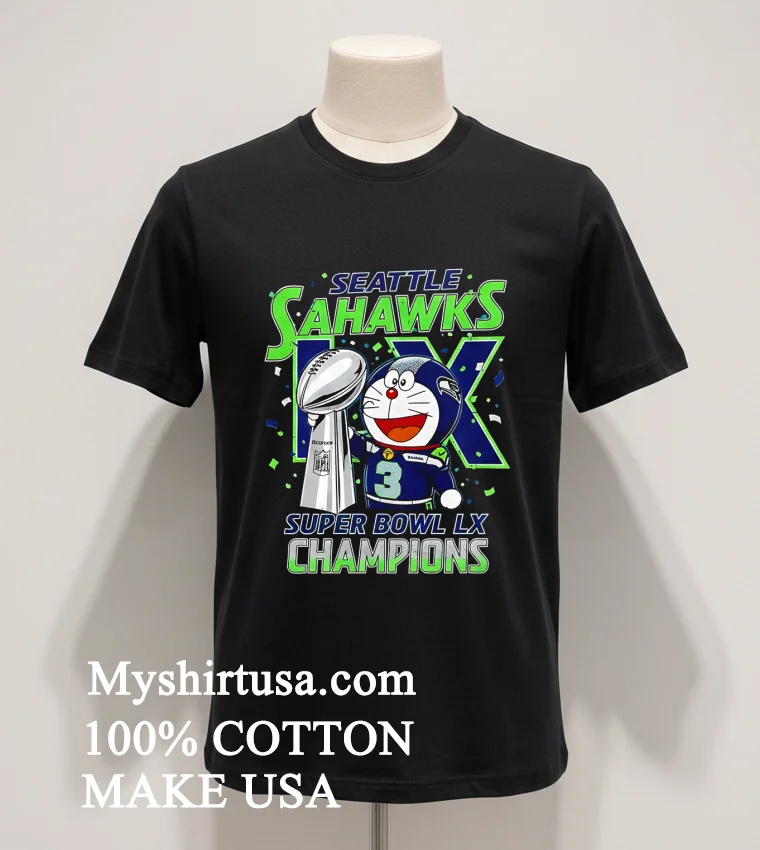 Seattle Seahawks Super Bowl Lx Champions Doremon Shirt - balck-shirt Seattle Seahawks Super Bowl Lx Champions Doremon Shirt Balck Shirt