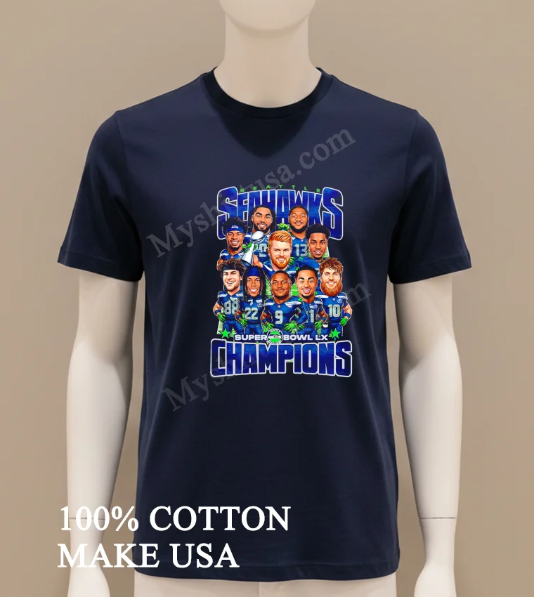 Seattle Seahawks Super Bowl Lx Champions Players Caricature Graphic funny america t-shirts - navy-shirt Seattle Seahawks Super Bowl Lx Champions Players Caricature Graphic Shirt Navy Shirt