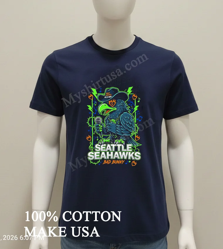 Seattle Seahawks X Bad Bunny Heart Mascot Streetwear Fashion Shirt - navy-shirt Seattle Seahawks X Bad Bunny Heart Mascot Streetwear Fashion Shirt Navy Shirt