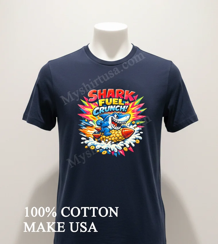 Shark Fuel Crunch Blue Shark Riding A Corn Rocket Shirt Navy Shirt 1