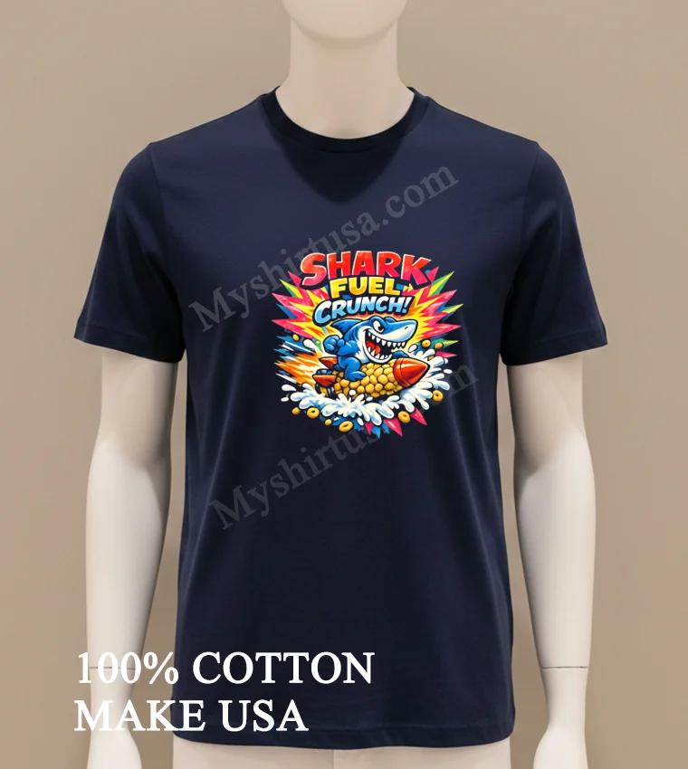 Shark Fuel Crunch Blue Shark Riding A Corn Rocket funny america t-shirts - navy-shirt Shark Fuel Crunch Blue Shark Riding A Corn Rocket Shirt Navy Shirt