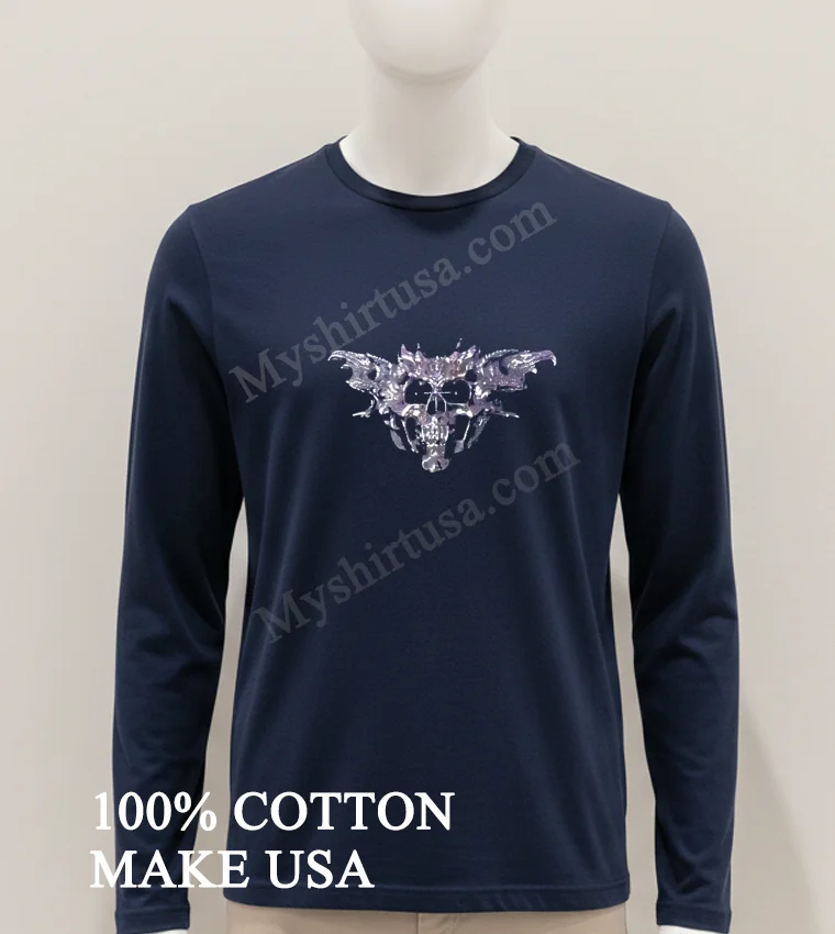 Silver Metallic Gothic Skull With Wide Wings Design Shirt Hoodie Shirt