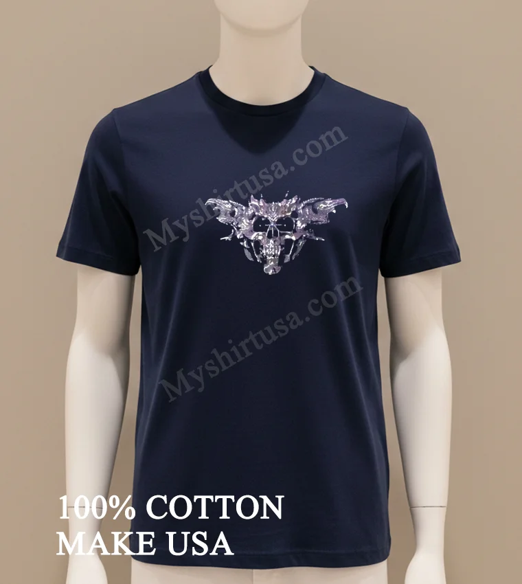 Silver Metallic Gothic Skull With Wide Wings Design Shirt Navy Shirt