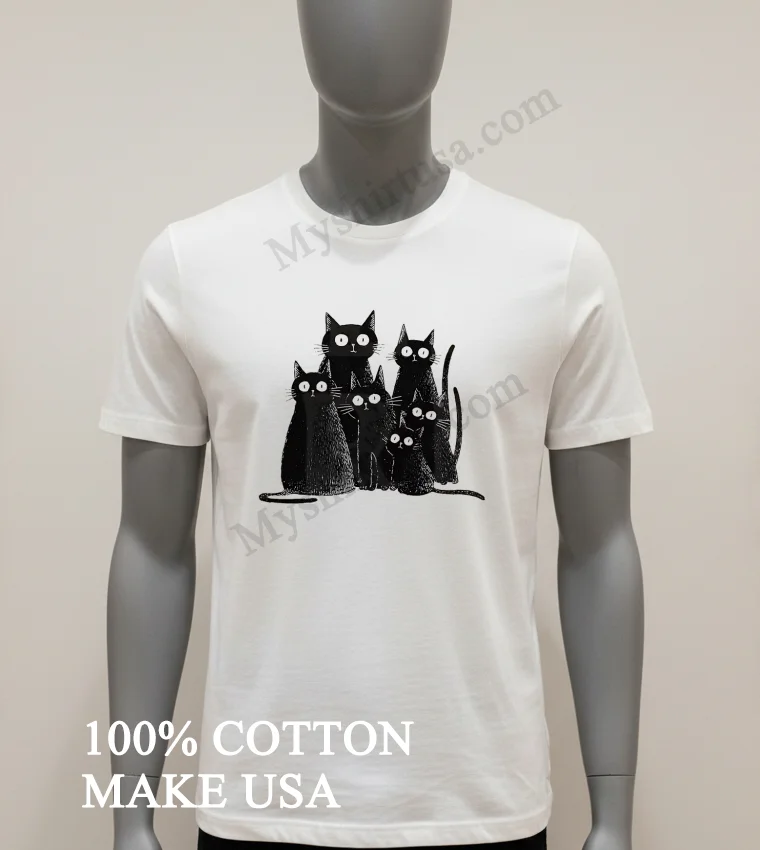 Six Black Cats With Big Eyes Artistic Drawing funny america t-shirts - white-t-shirt Six Black Cats With Big Eyes Artistic Drawing Shirt White T Shirt 1