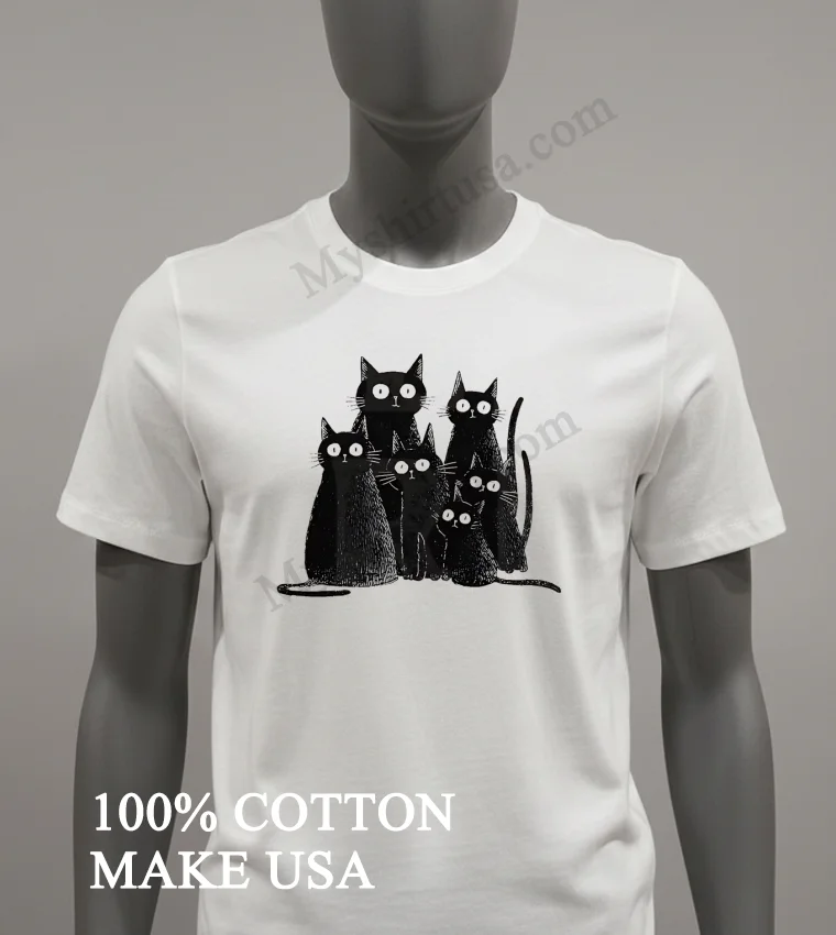 Six Black Cats With Big Eyes Artistic Drawing Shirt White T Shirt 2