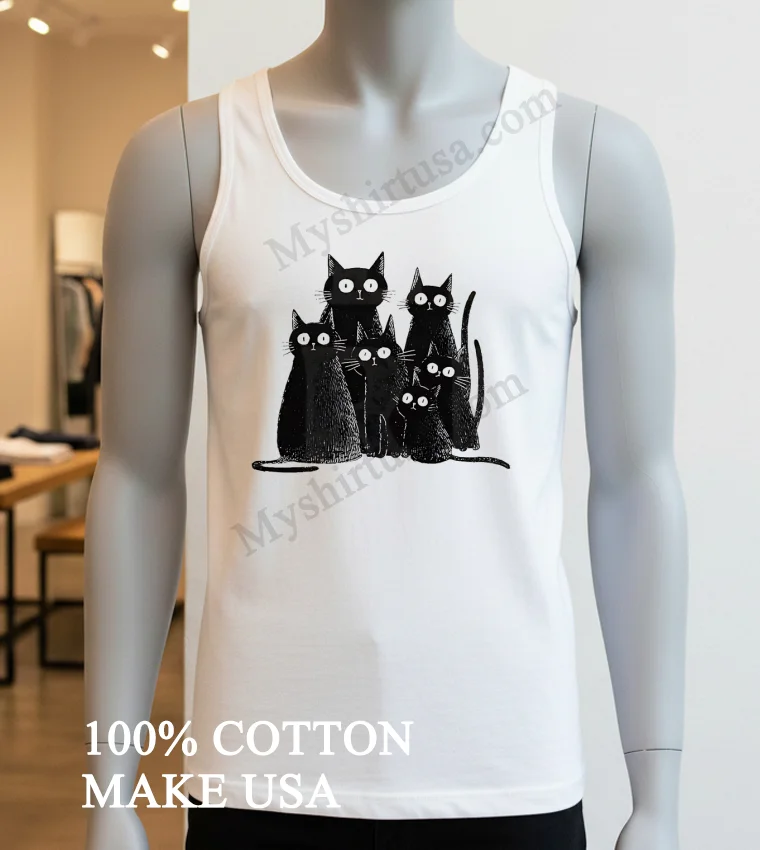 Six Black Cats With Big Eyes Artistic Drawing Shirt White T Shirt 3